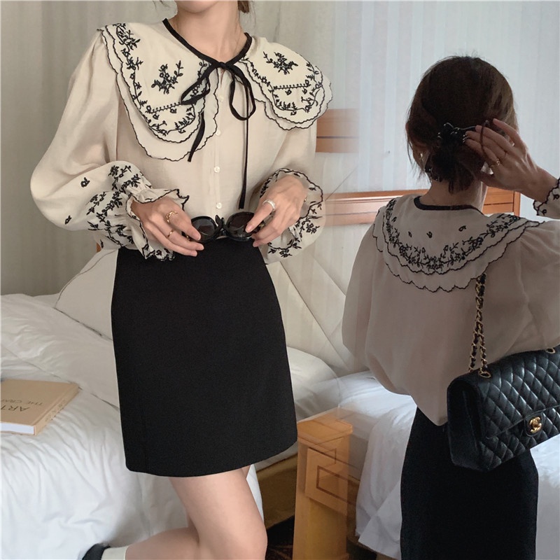 Áo Sơ Mi Dài Tay Họa Tiết Thêu Phong Cách Retro Hàn Quốc 56360 2 Màu