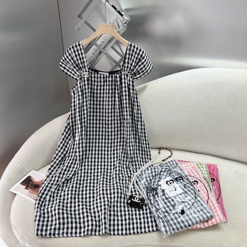 Đầm hai dây bản to hoạ tiết kẻ ô dáng suông, Váy hai dây bản to chất đũi dáng dài maxi