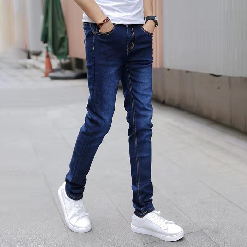 Quần jean mỏng phù hợp với màu đen của Hàn Quốc Nam giới Slim Fit Skinny Jeans Nam Jeans dài Denim Seluar Jeans