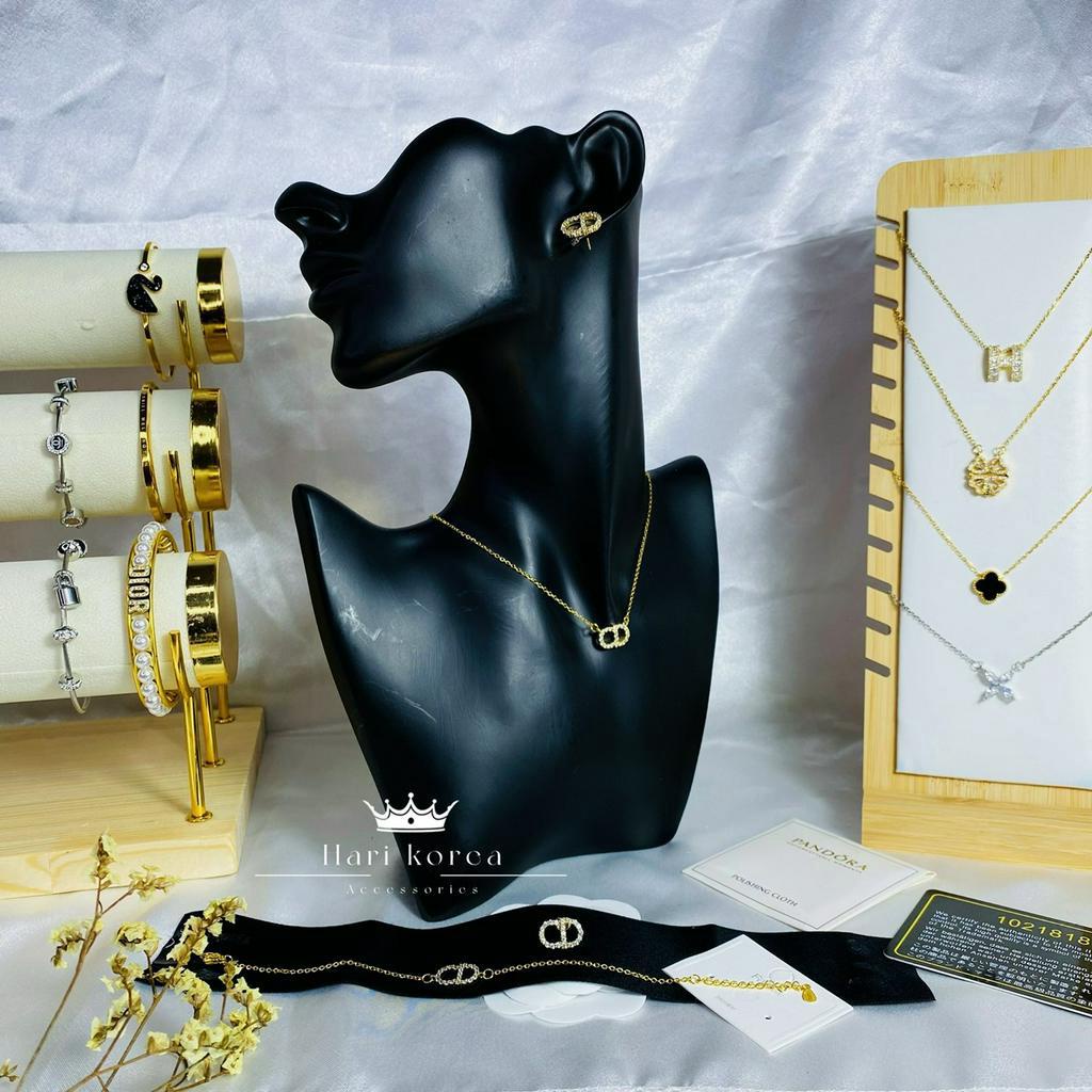 Sét trang sức Cd titan, Vòng cổ &amp; khuyên tai đính đá, phụ kiện trang sức nữ Hari korea accessories