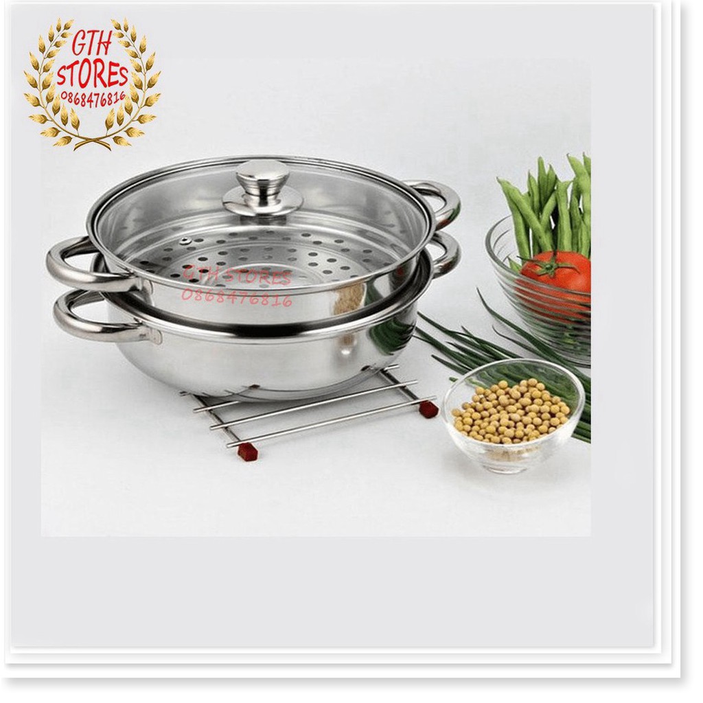 Nồi hấp inox 2 Tầng nắp kính size 28cm - 3 Tầng tiện lợi 2 vỉ hấp size 30cm, Bằng Thép Không Gỉ - GTH STORES