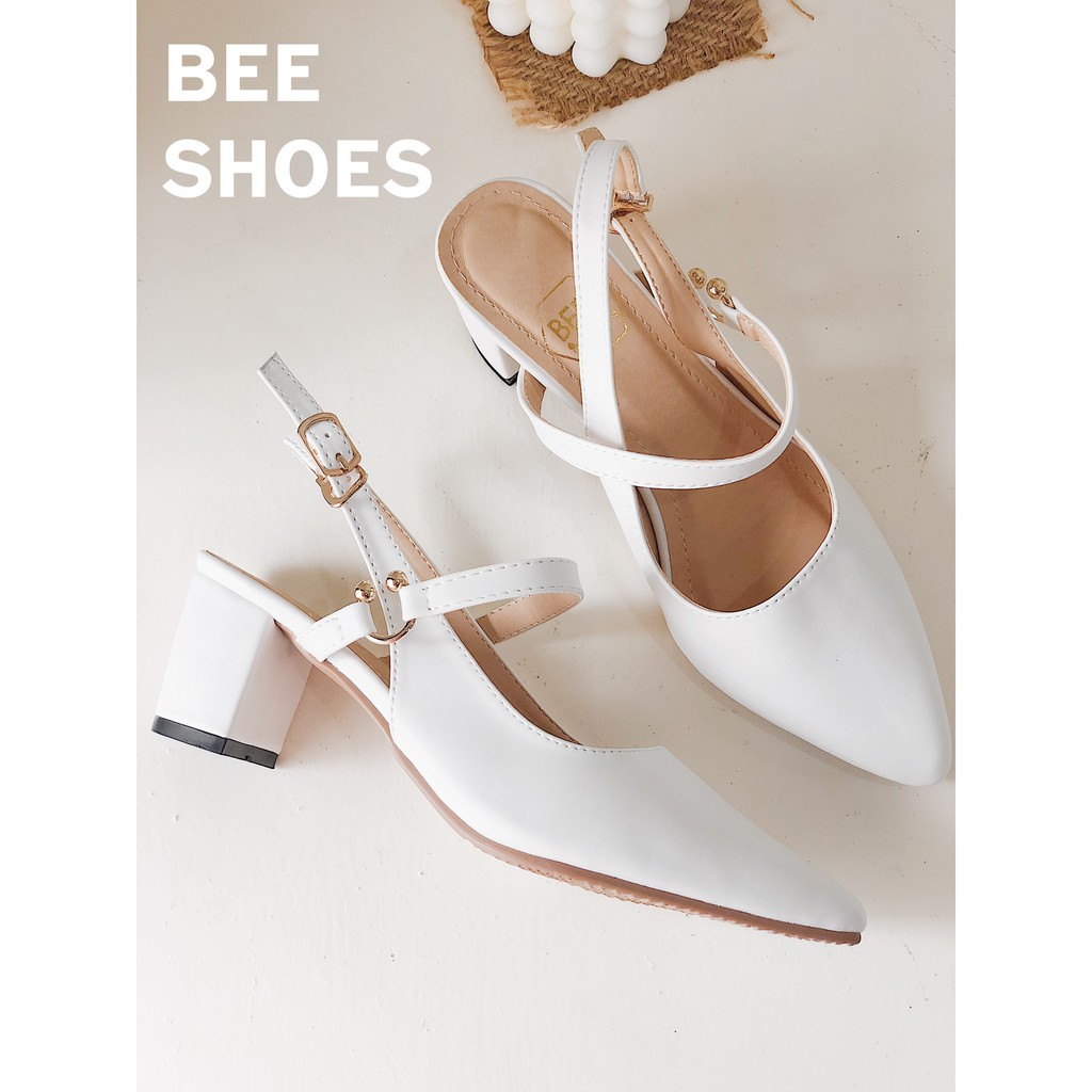 BEESHOES - GIÀY BÚP BÊ NỮ MŨI NHỌN TRƠN DA MỀM - GIÀY BÚP BÊ NỮ GÓT VUÔNG CAO 5 PHÂN SẴN MÀU BE - TRẮNG 201073