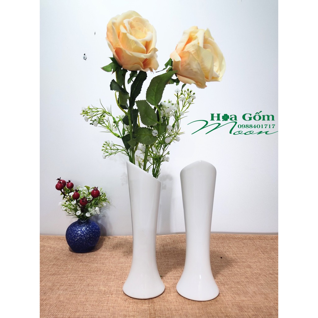 Lọ Hoa Gốm Sứ Miệng Xéo , Sứ Trắng Cao Cấp Cao 21 cm