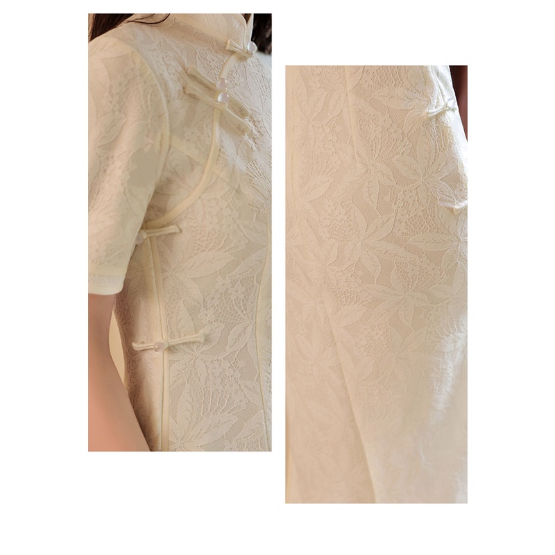 Đầm Sườn Xám Tay Ngắn Phối Ren Phong Cách Trung Hoa Quyến Rũ Size S-2XL