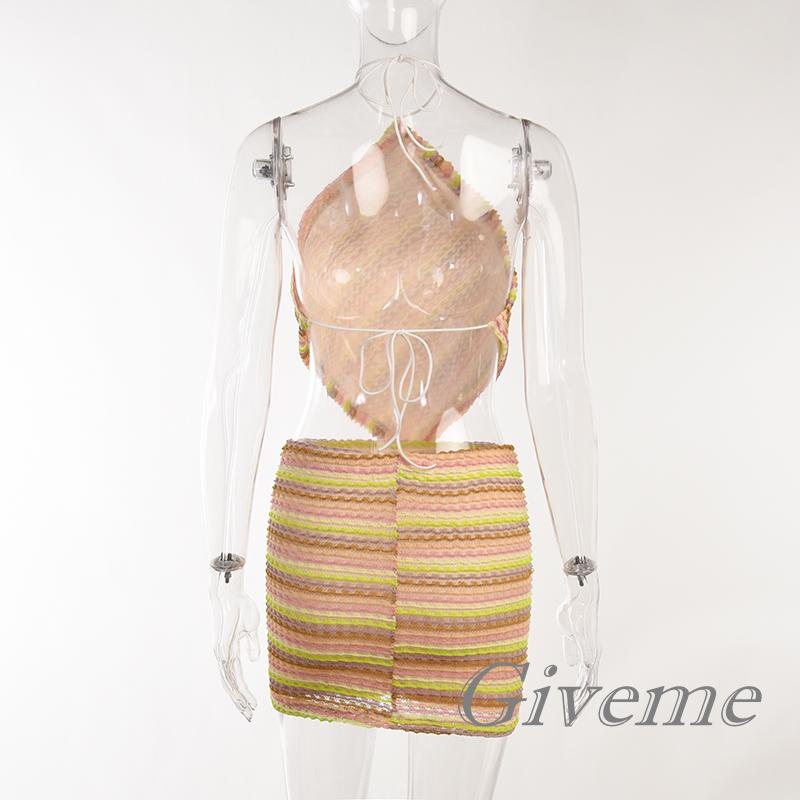 GIVEME-2 Pieces Women Suit Set, Contrast Color Halter Neck Sleeveless Tie-Up Tops+ Short Skirt for Summer, S/M/L