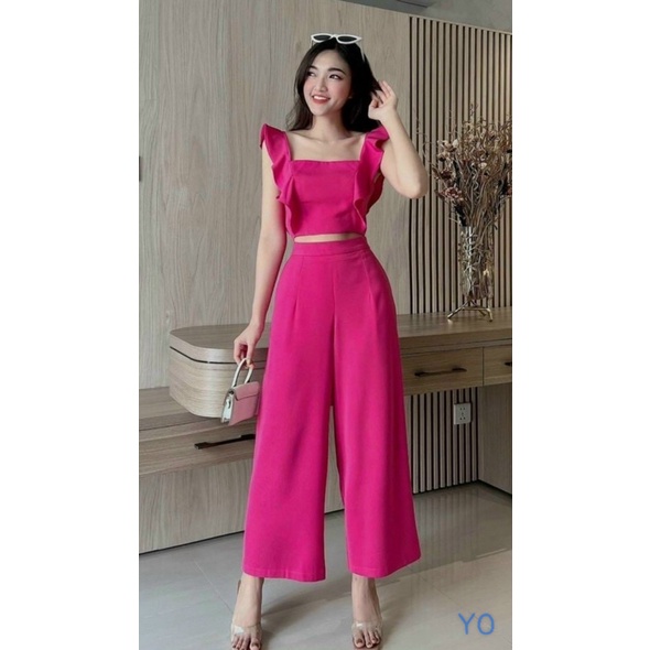 SÉT BỘ COTTON LẠNH NỮ ÁO 2 DÂY BẢN LỚN PHỐI QUẦN SUÔNG RỘNG ĐI CHƠI MÁT CỰC XINH