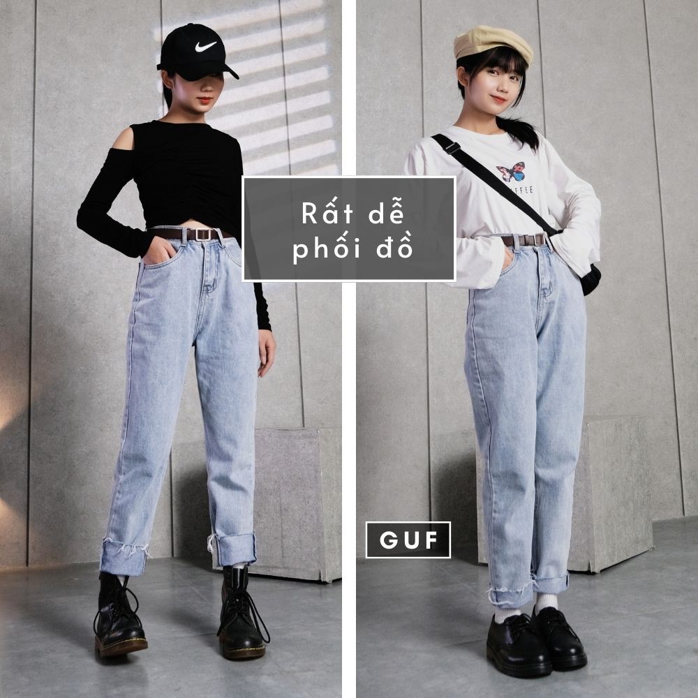 Quần Jean Nữ Dáng Baggy Thương Hiệu GUF Cạp Cao Có Thêm Bản Rách Gối Đơn Giản GUF | BigBuy360 - bigbuy360.vn