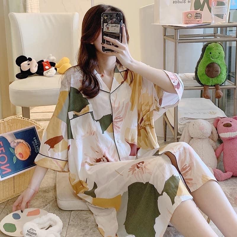 Váy Ngủ Sơ Mi Lụa Hoạ Tiết Sang cao cấp Form Dài Rộng