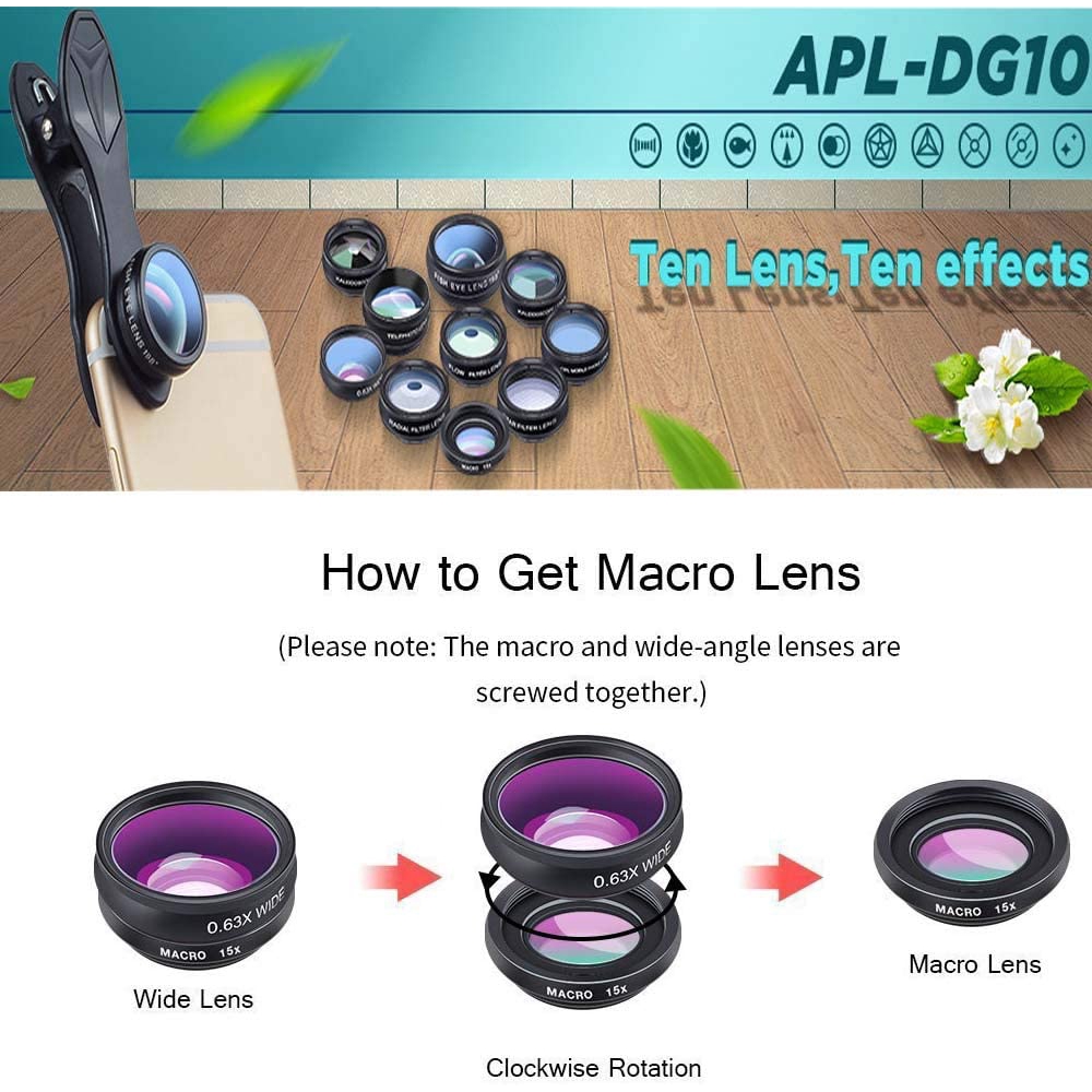 Apexel 10in1 Điện thoại Camera Lens Kit Fisheye Wide Angle Macro 2X Telescope Lens (APL-DG10) cho iPhone of Apple Samsung Huawei Oppo Vivo