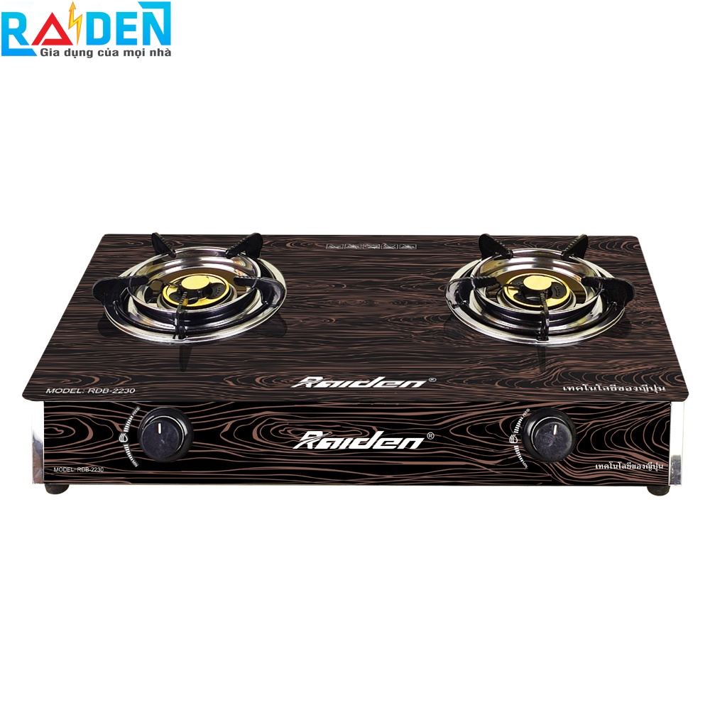 [Chính hãng] Bếp gas đôi kính cường lực Raiden RDB-2230A đầu đốt đồng, điếu inox, kiềng men có chắn gió