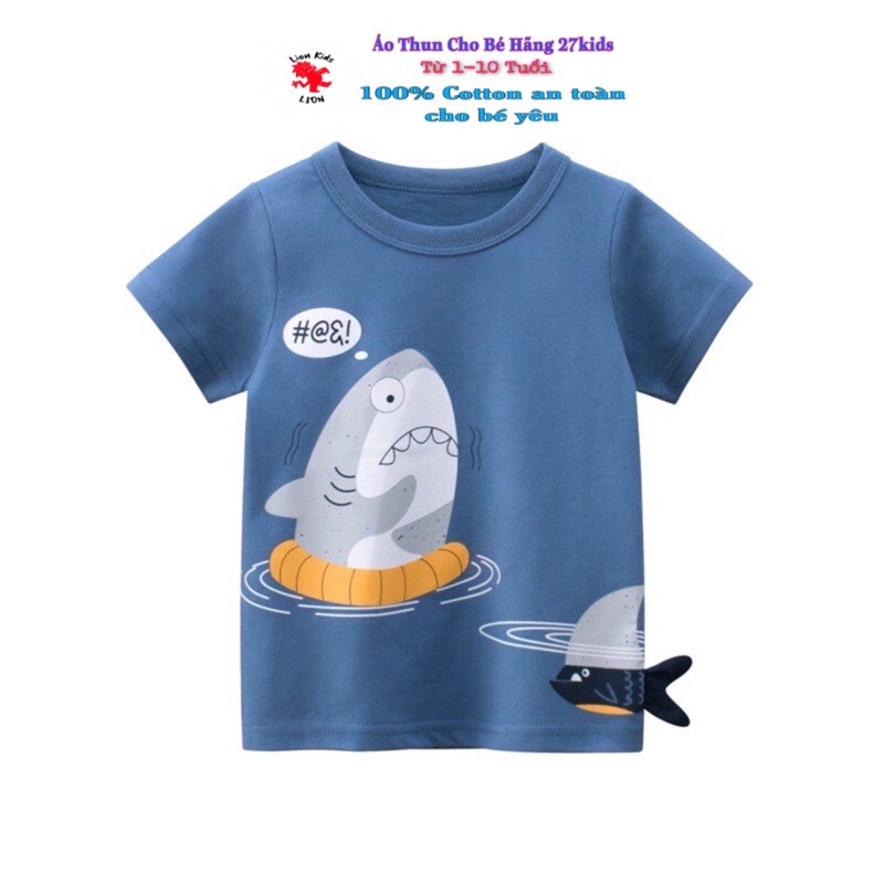 Áo thun bé trai 27KIDS in hình SHARK MẶC PHAO 3D NEW ngộ nghĩnh chất cotton hàng xuất Âu