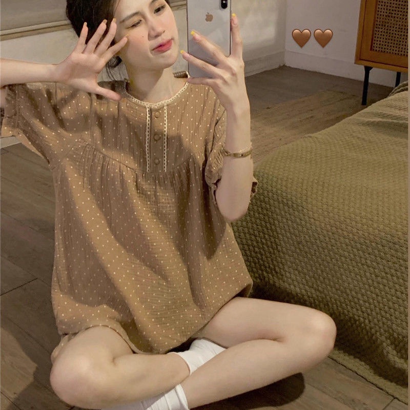 Bộ Đồ Ngủ Hai Mảnh Cổ Tròn Tay Phồng Họa Tiết Chấm Bi Thoải Mái Thời Trang Mùa Hè Dành Cho Bạn Nữ