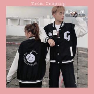 Áo Khoác Bomber Nhung Tăm 2 Lớp Thêu Hình Chữ G Mặt Cười Form Unisex Nam Nữ