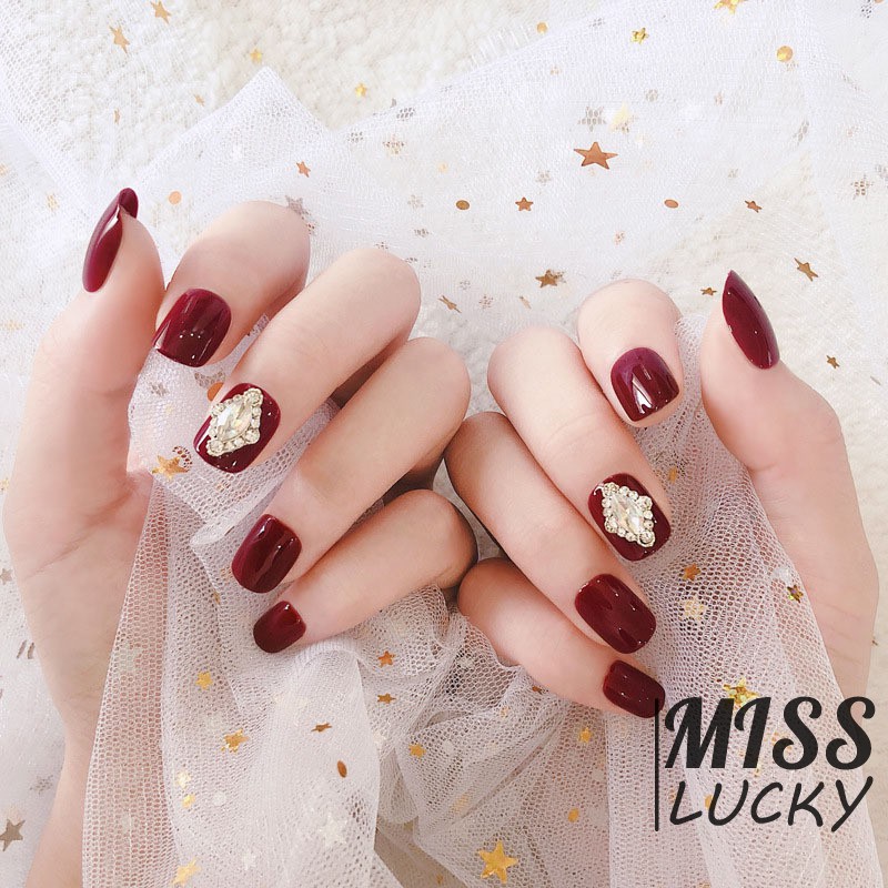 ❤HHN-VN 24pcs Wine Red False Nails Full Cover Artificial Diamond Rhinestone Design Short Square Fake