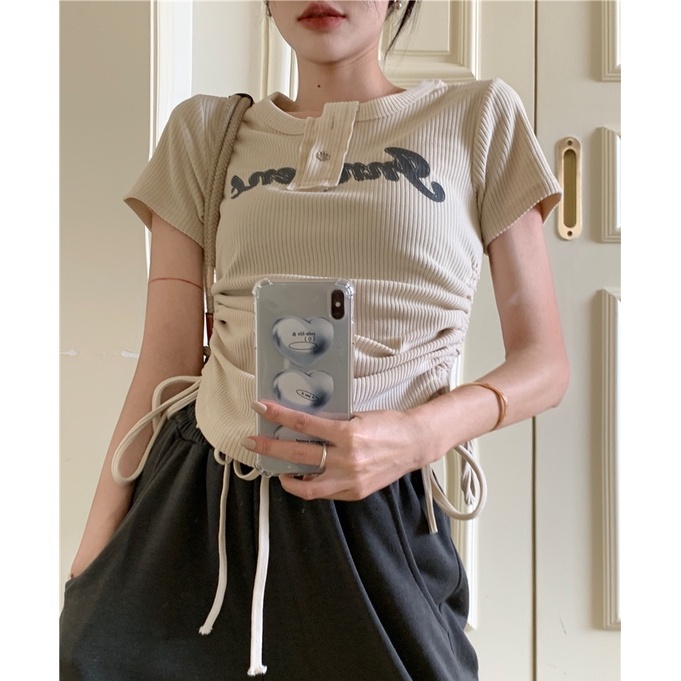 QKOOLE Áo thun  ngắn tay cổ tròn thời trang Hàn Quốc cho nữ