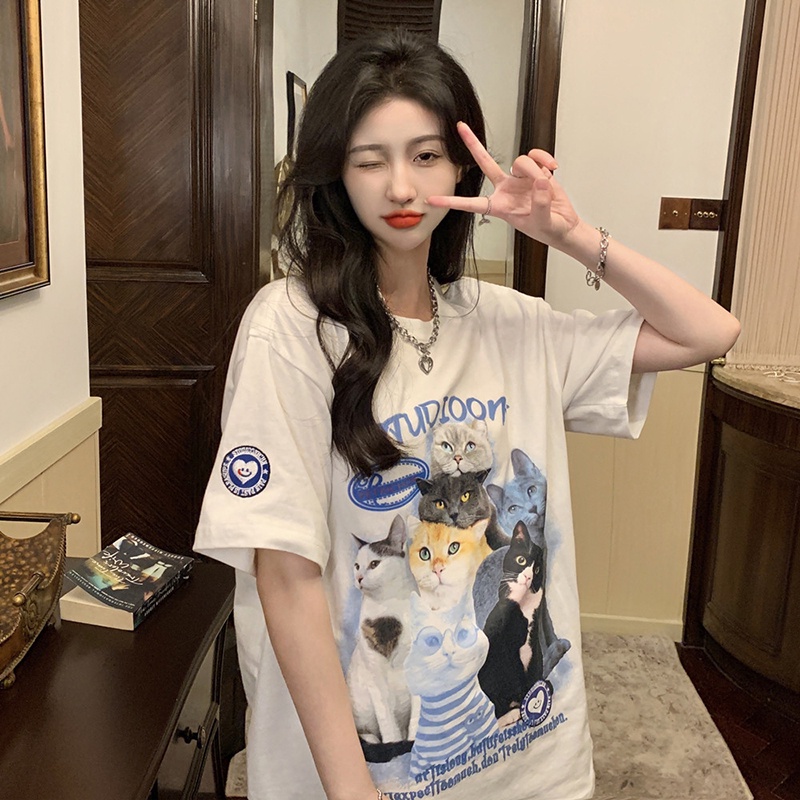Áo Thun T-shirt Cotton Mềm Co Giãn Tay Ngắn In Hình Mèo Thời Trang Hàn Quốc Cổ Điển Dành Cho Nam Nữ