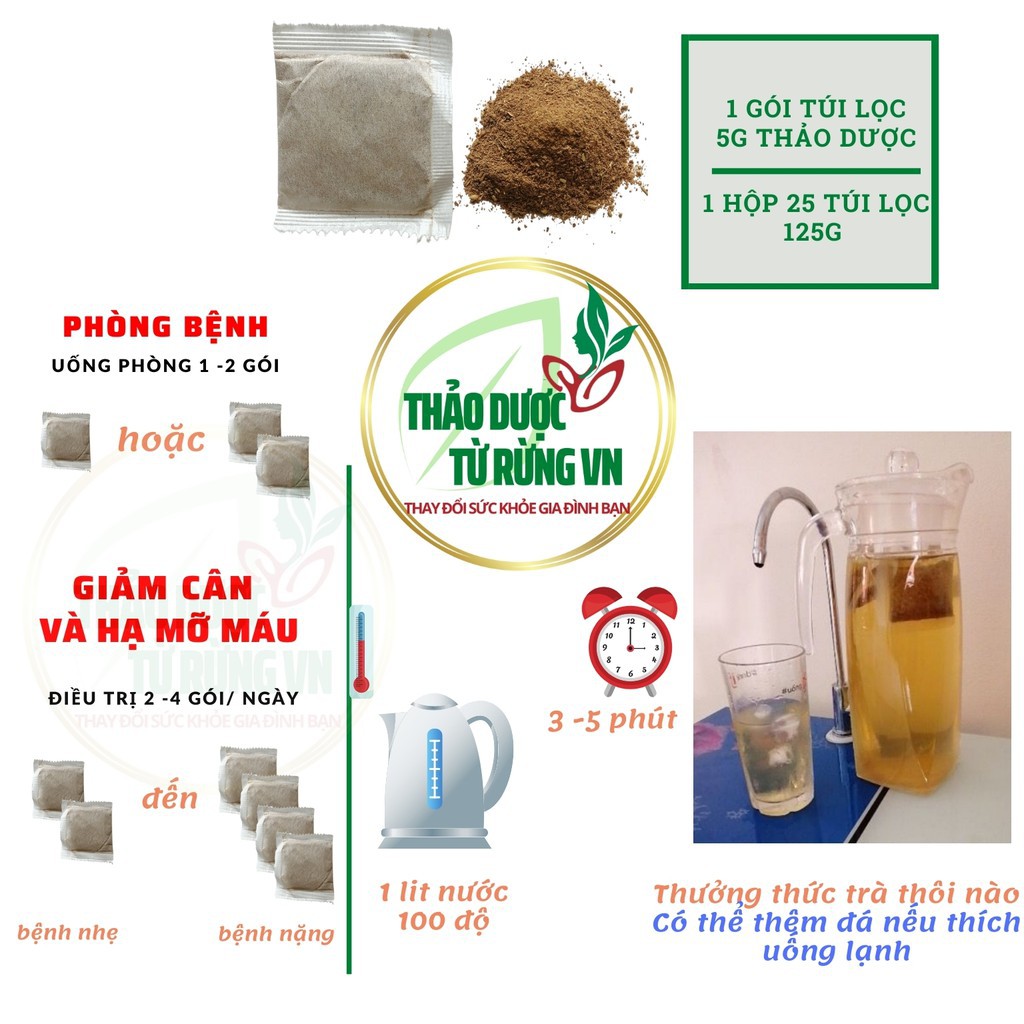 Trà Giảm Cân Giảm Mỡ Máu Trà Giảo Cổ Lam 125g 25 Túi Lọc 2,5g/ túi Thảo Dược Từ Rừng VN