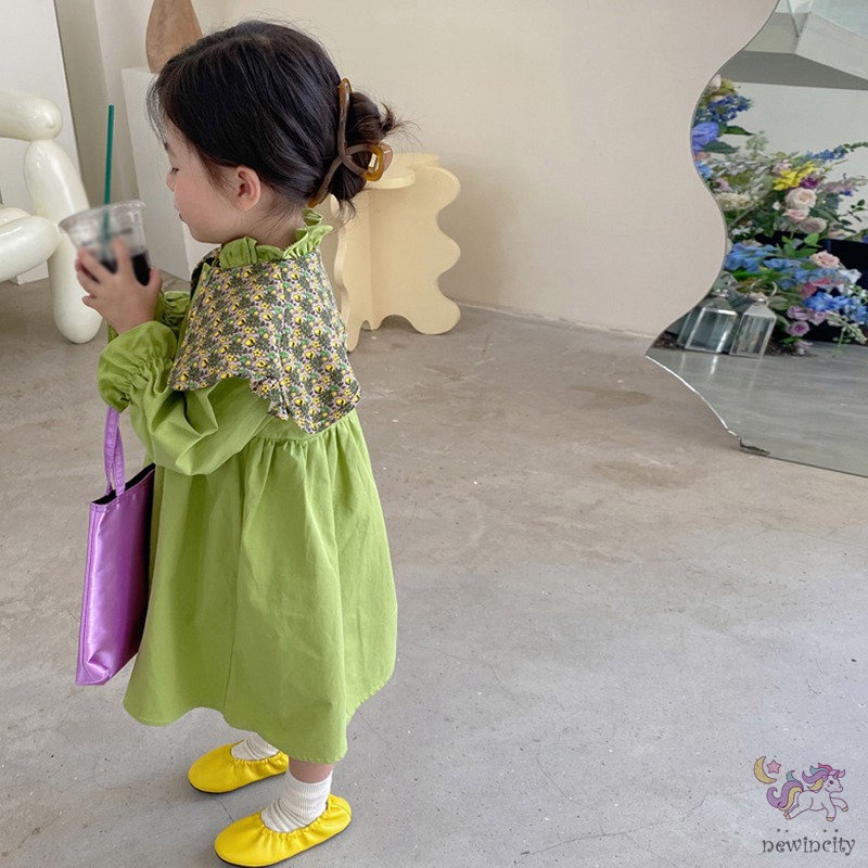 Đầm Công Chúa Tay Dài Cổ Bèo In Họa Tiết Hoa Phong Cách Hàn Quốc Cho Bé Gái