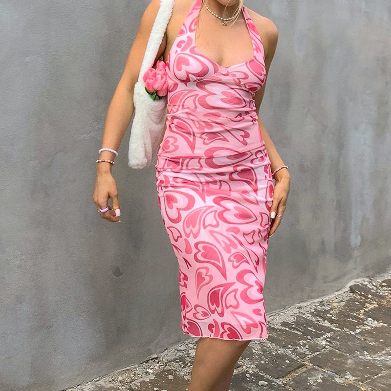 Đầm Dài Hai Dây Thắt Dây In Hình Trái Tim Dành Cho Nữ D0310