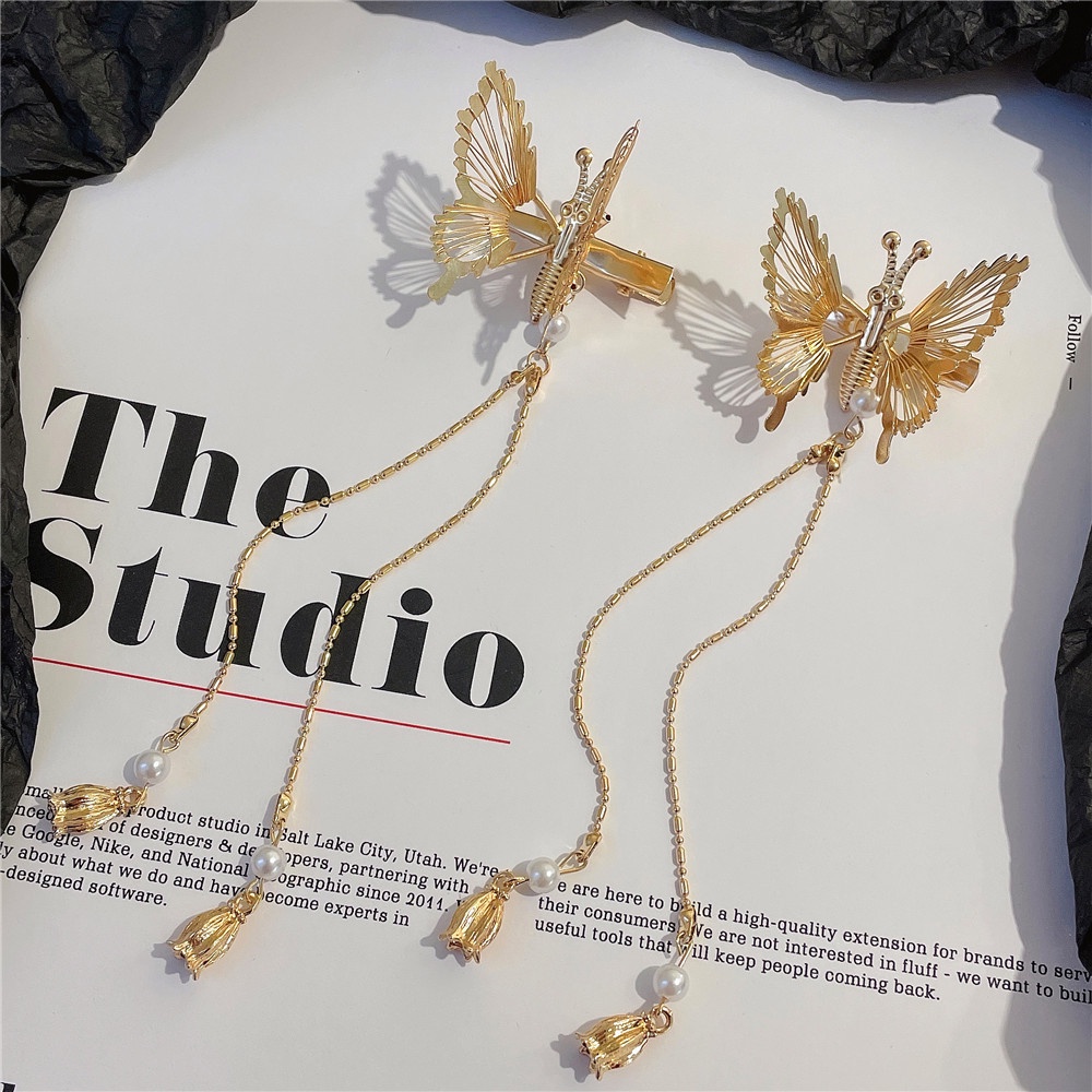 1 Kẹp Tóc Hình Bướm Dáng Dài Phối Tua Rua Bằng Kim Loại Đính Ngọc Trai Phong Cách Vintage Dành Cho Nữ