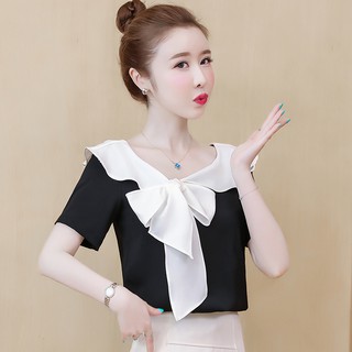 Áo Kiểu Chiffon Tay Ngắn Phối Bèo Màu Trắng Đen Nữ Tính