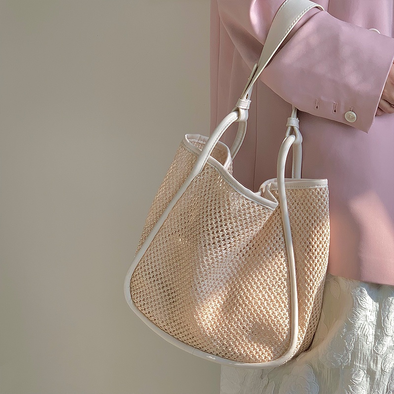 Túi Đeo Vai Đan Rơm Kích Thước Lớn Màu Sắc Tương Phản Thời Trang Mùa Hè Cho Nữ