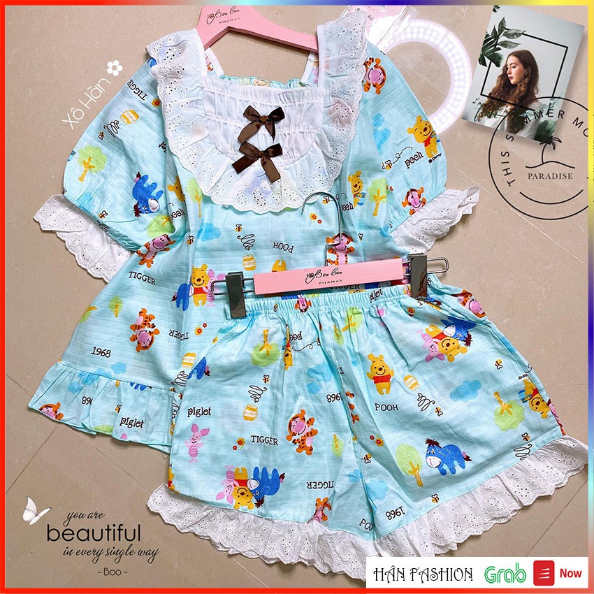Bộ Ngủ Ren Xô Hàn – Đồ Ngủ Nữ Tay Ngắn Quần Ngắn Hoạt Tiết Đẹp | Hân Fashion | Ship Nhanh 2h | BigBuy360 - bigbuy360.vn
