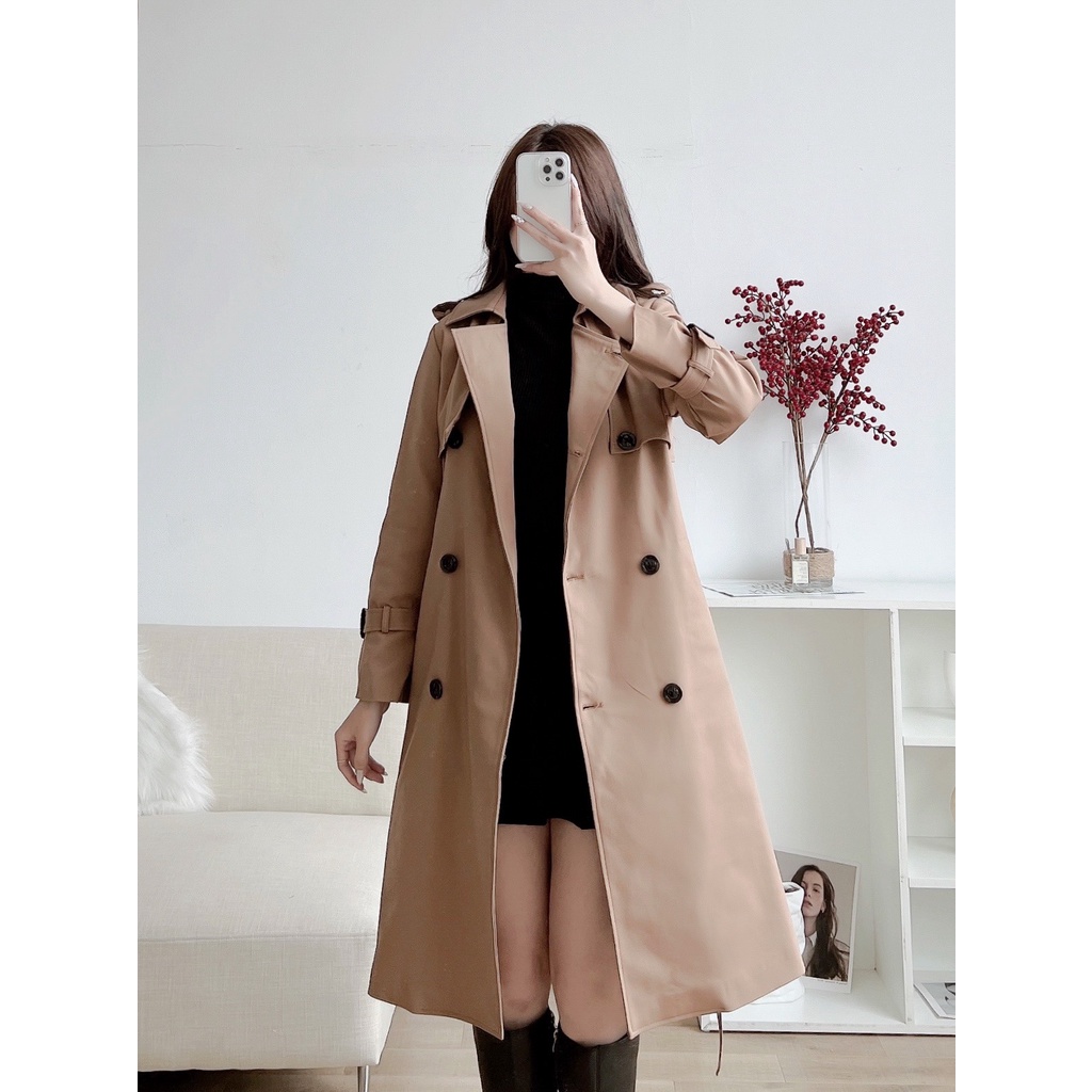 Áo măng tô nữ dáng dài 8 cúc chất liệu kaki có đai buộc - áo trench coat dáng dài 115