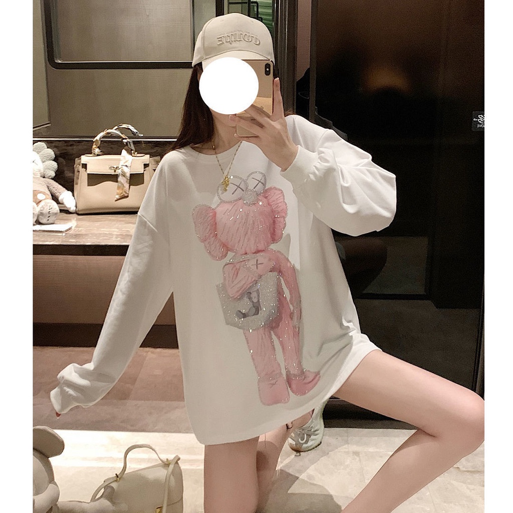 Jiashucheng Hàng Có Sẵn Áo Thun Dài Tay Dáng Rộng Cỡ Lớn Vừa In Họa Tiết Kim Cương Công Nghiệp Màu Trắng