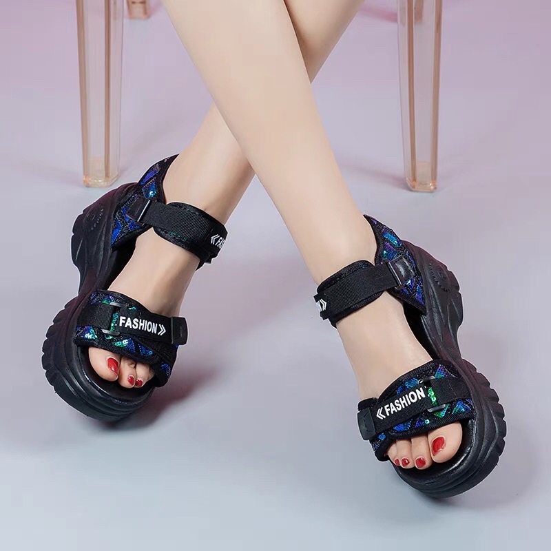 Sandal nữ độn đế kim tuyến hàng xuất sịn , dép quai hậu nữ đế cao dáng xinh