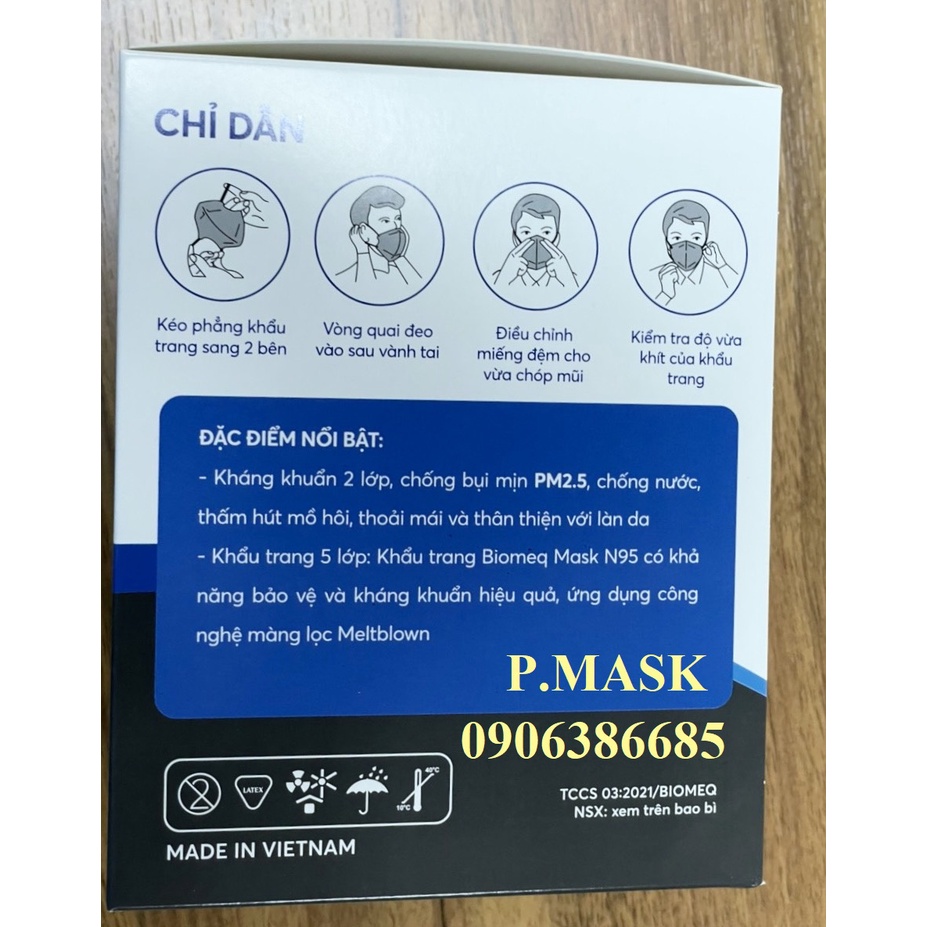Khẩu trang N95 BIOMEQ 5 LỚP Kháng khuẩn 30 cái /hộp thiết kế 3D lọc bụi mịn PM2.5, Ngăn giọt bắn