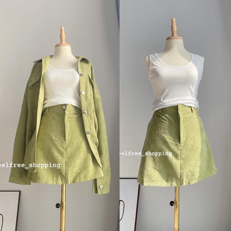 Set 3 Món 2 Áo+ Chân Váy Xanh Lá Chất Nhung Gân Chân Váy Kèm Quần Bảo Hộ (Hình Thật)