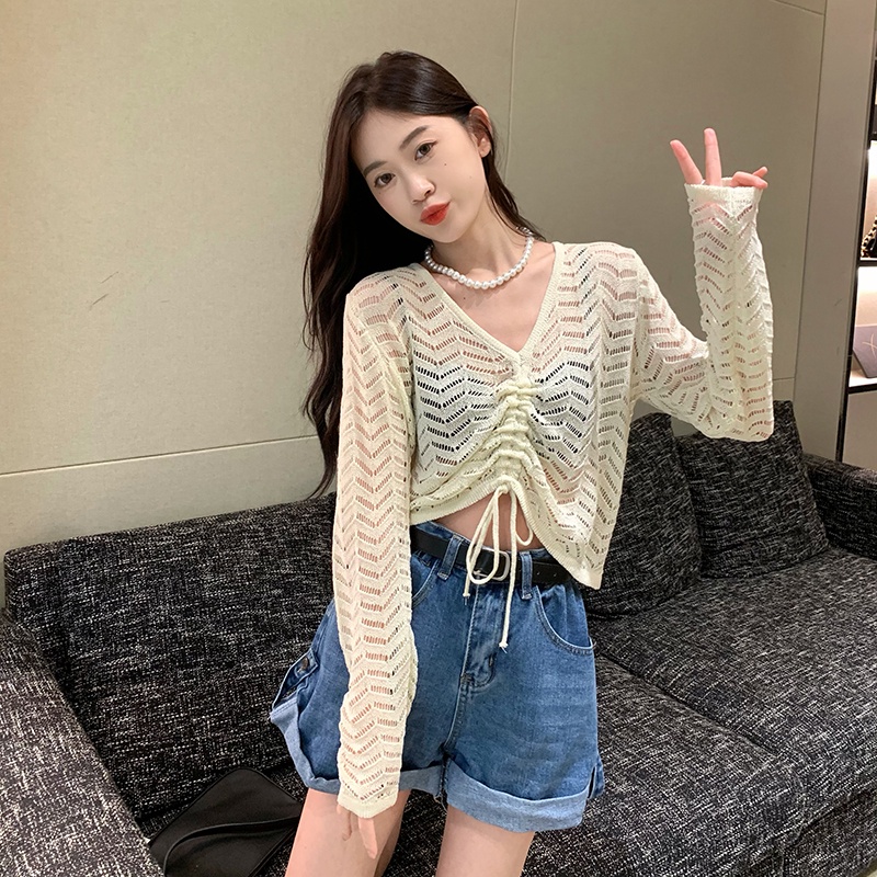 【ZHELIHANGFEI】Áo Dệt Kim Tay Dài Dáng Rộng Phối Dây Rút Thời Trang Trẻ Trung Cá Tính