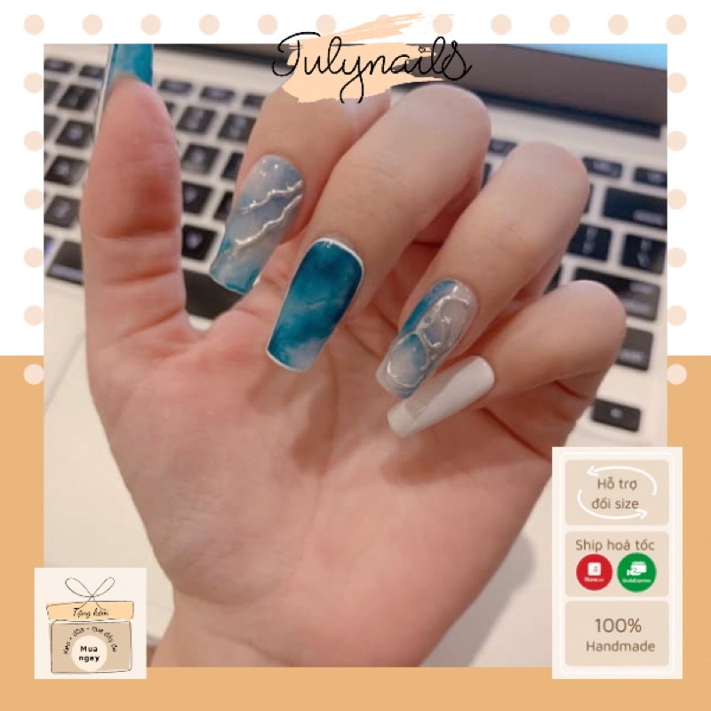 bộ móng giả thiết kế tự úp - nailbox vẽ tay loang xanh nail box thiết kế julynails.vn