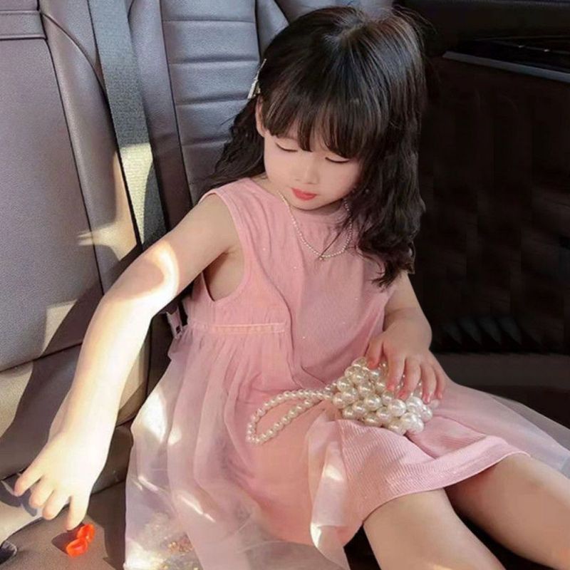 Se7en Đầm Công Chúa Sát Nách Cổ Tròn Phối Lưới Thời Trang Mùa Hè Hàn Quốc Cho Bé