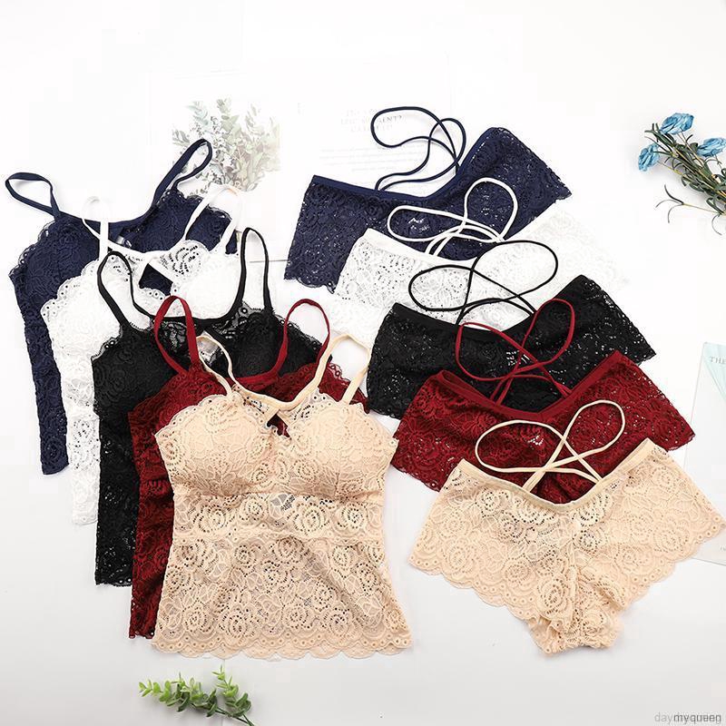Women Sexy Lace Gathered Bra Wrapped Chest Set + Panties