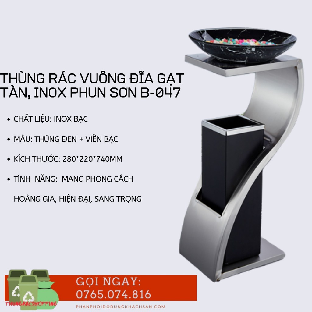 THÙNG RÁC VUÔNG ĐĨA GẠT TÀN, INOX PHUN SƠN B-047