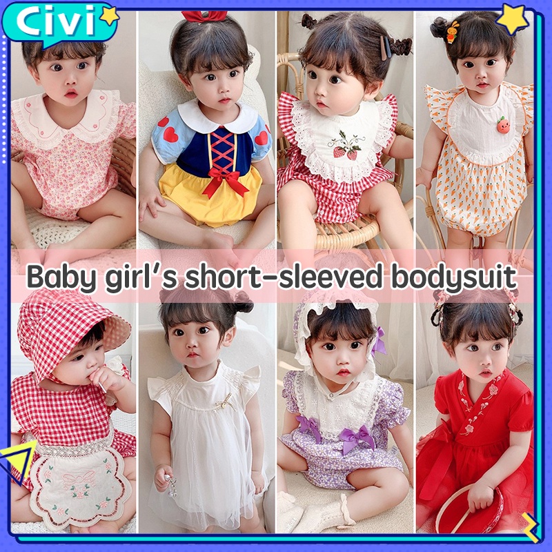 Áo Liền Quần Tay Ngắn Bằng Cotton In Hoa Dành Cho Bé Gái Sơ Sinh 0884