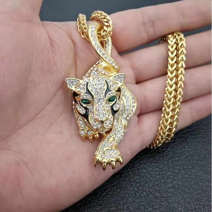 Gold Diamond Tiger Animal Pendant Necklace Men's Jewelry