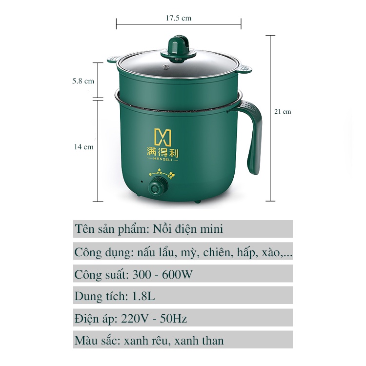 Nồi Nấu Cơm/Lẩu Đa Năng 2 Tầng Có Tay Cầm 1,8L Mẫu Mới MÀU XANH - NỒI 2 NẤC NHIỆT