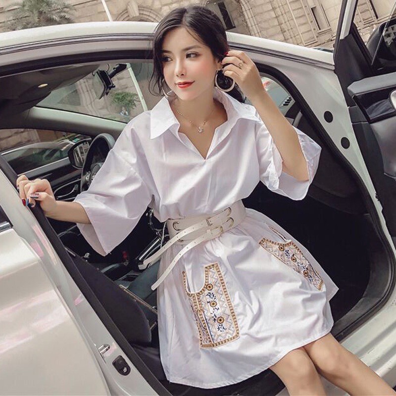 (Tặng kèm thắt lưng)Đầm sơ mi nữ cao cấp, hoạ tiết thêu nổi, kiểu dáng phong cách, sang chảnh NV0683