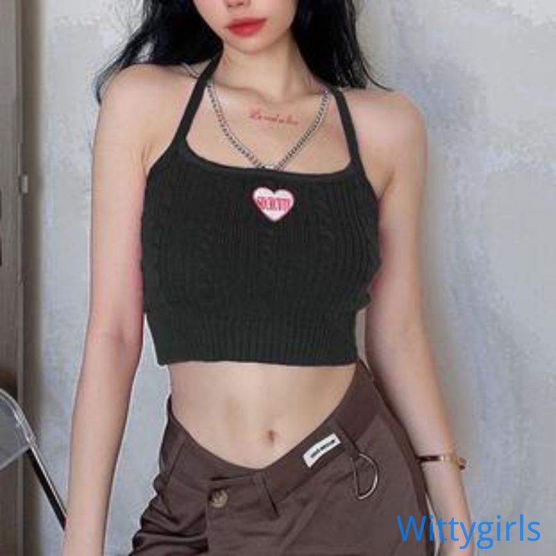 Áo Croptop Dệt Kim Sát Nách Thêu Họa Tiết Trái Tim Thời Trang Mùa Hè Cho Nữ