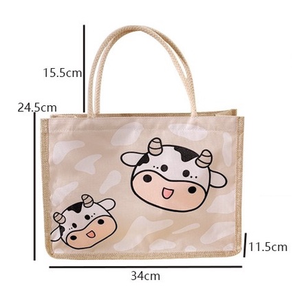 Túi vải cói đựng đồ cỡ lớn in hình đáng yêu - có khoá kéo dùng để đi làm đi chơi du lịch bỉm sữa cho bé