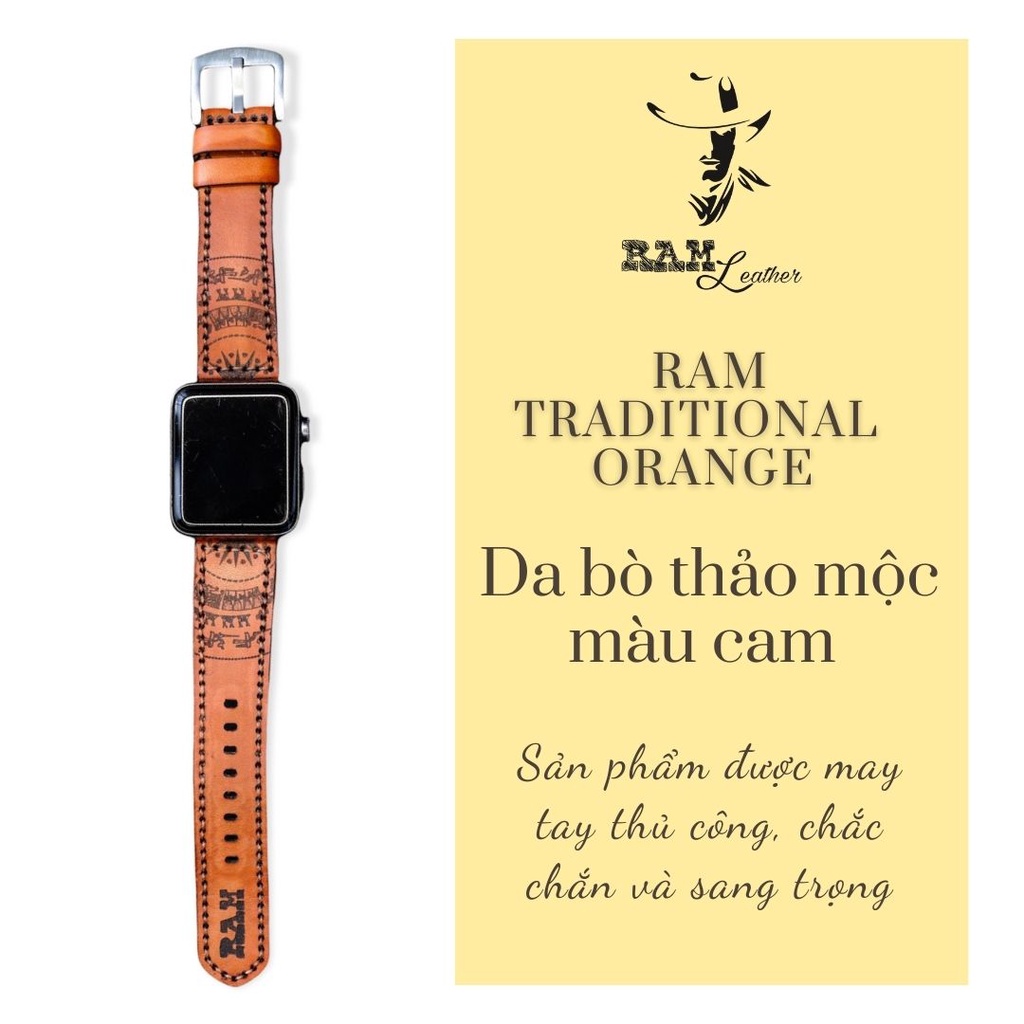 Dây đồng hồ RAM Leather vintage Trống Đồng Việt Nam da bò Italia Vegtan vintage màu cam
