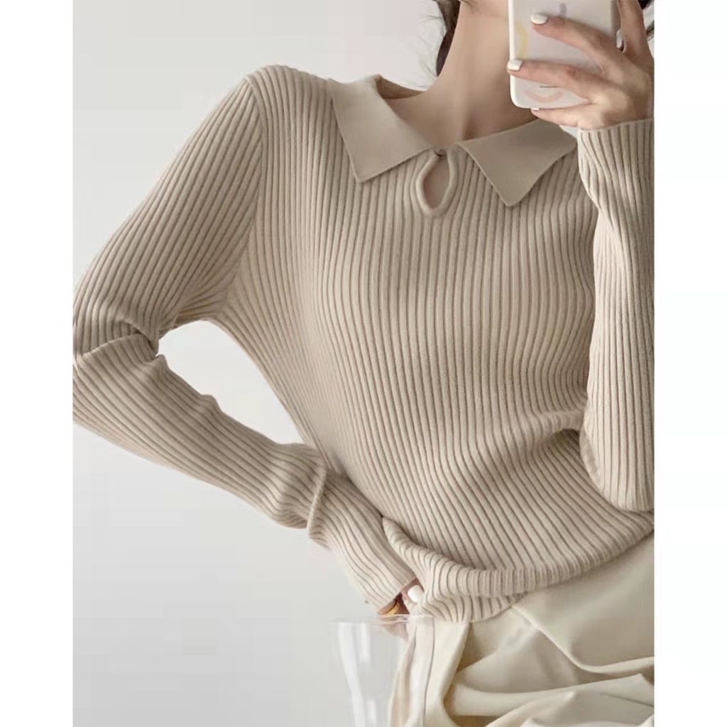 Áo sweater dệt kim cổ bẻ màu trơn phong cách retro thời trang mùa đông dễ phối đồ cho nữ