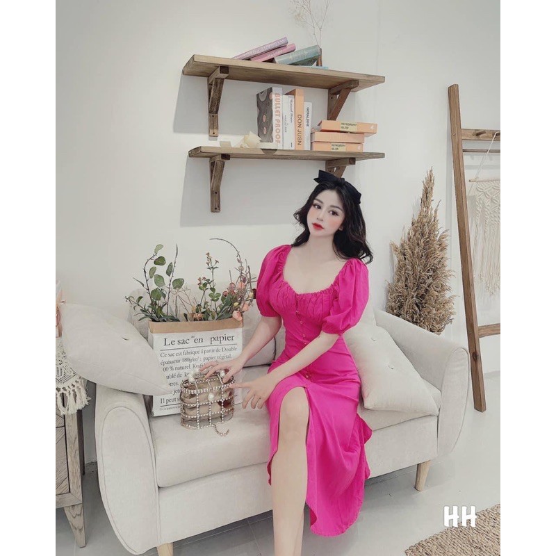 Váy maxi hồng sen xẻ trước dáng xoè tay bồng dáng dài siêu xinh, Đầm nữ tiểu thư đi biển tôn dáng hàng hot trend | BigBuy360 - bigbuy360.vn