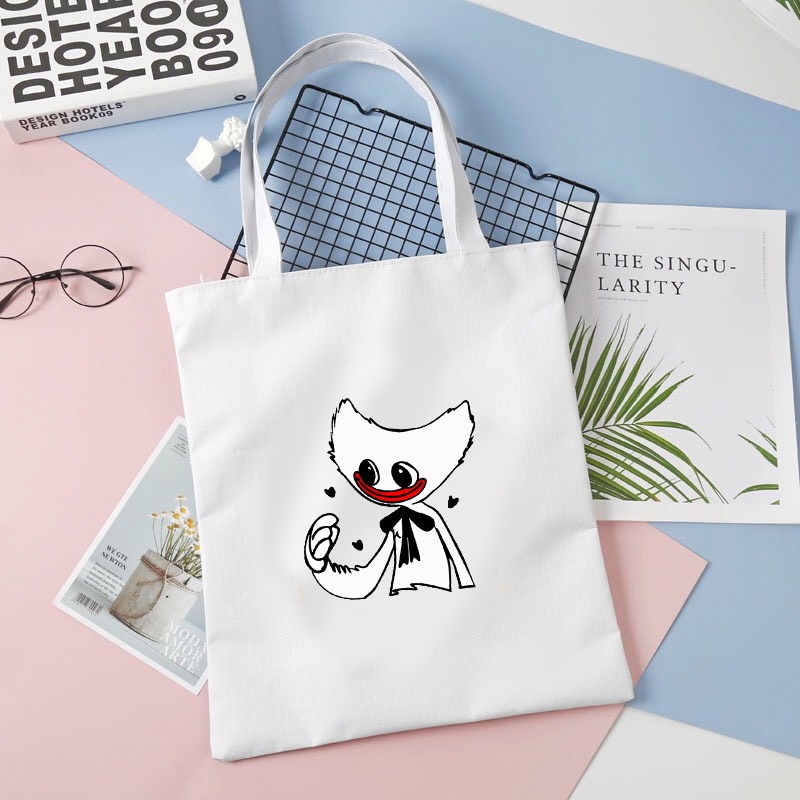 Túi tote vải trắng đeo vai in hình game POPPY PLAYTIME phong cách anime chibi tiện lợi thời trang