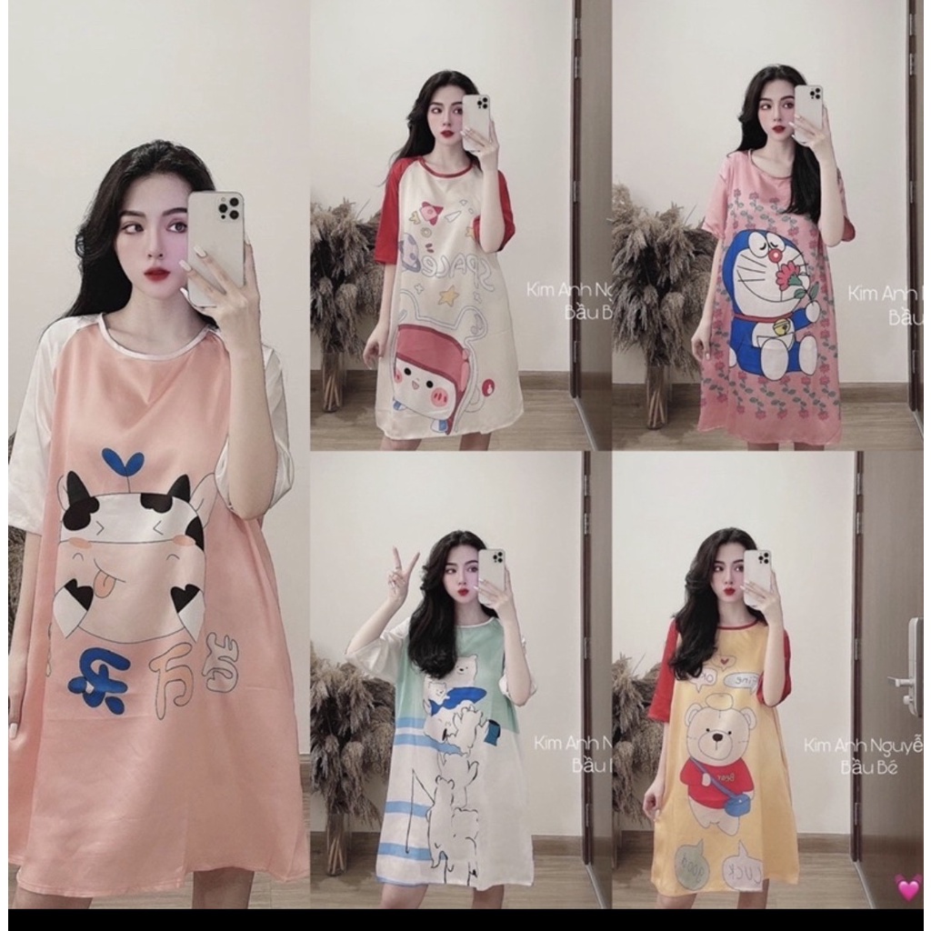Váy Ngủ Lụa Hoạt Hình Siêu Cute Tay Lỡ + Tay Cộc