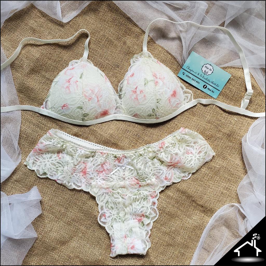 Bộ đồ lót ren, set bra sexy trắng hoa văn quần công chúa