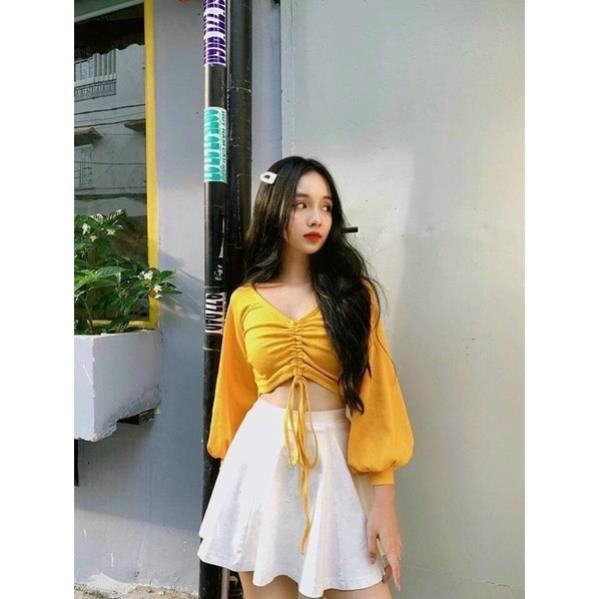 Áo Croptop kiểu tay dài , cổ v dây Rút Dây Giữa ngực | BigBuy360 - bigbuy360.vn